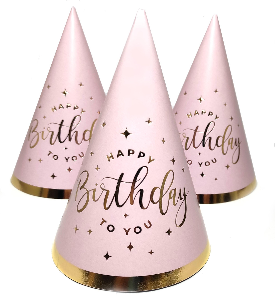Ковпак святковий 15 см "HappyBirthday" золото на рожевому 10шт/упаковка