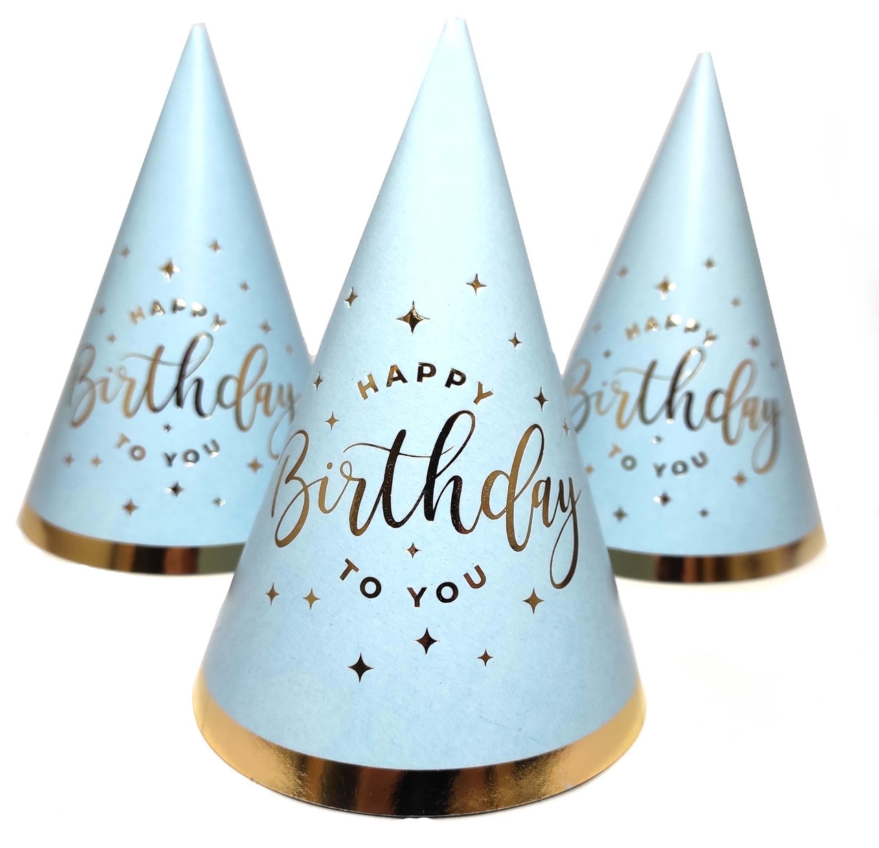 Колпак праздничный 15 см "HappyBirthday" золото на голубом 10шт/упаковка