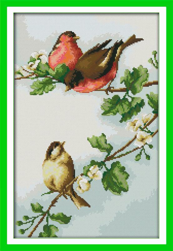 Набір для вишивання хрестом з печаткою на тканини NKF Птички на гілці D708 14ст