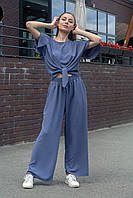 Стильный женский брючный костюм летний, костюм лен жатка, футболка на завязках и широкие брюки (кюлоты)