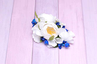 Заколка прикраса для волосся з квітами біло-синя 408 об
