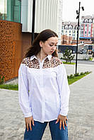 Женская рубашка белая котон с вставкой на плечах сетки тигровой|Рубашка нарядная на девушек|Белая рубашка