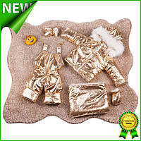 Детский зимний меховой комбинезон-трансформер тройка раздельный конверт на овчине для новорожденного золото