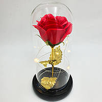 Роза в колбе с LED подсветкой 16 см романтический подарок ночник золотые листья красная! Quality