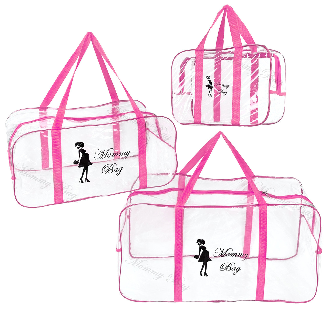 Допологова сумка в пологовий будинок прозора рожева Mommy Bag Набір прозорих сумок у пологовий будинок р. S, L, XL 3шт.