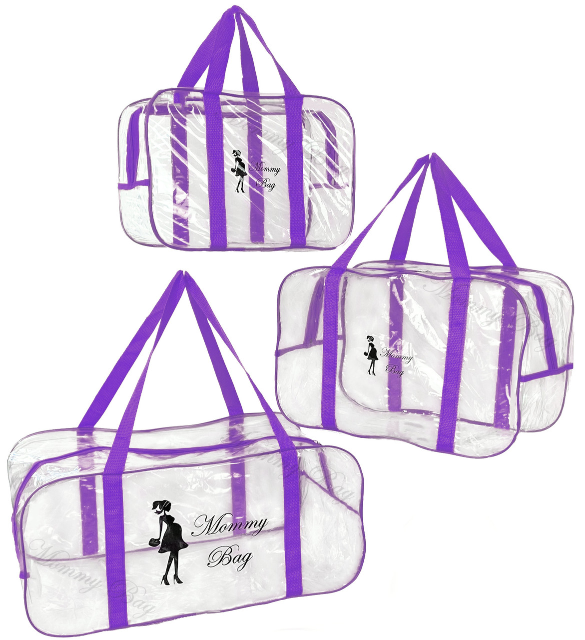 Набір прозорих сумок у пологовий будинок Mommy Bag р. S, M, L 3 шт. Прозора сумка в пологовий будинок фіолетова