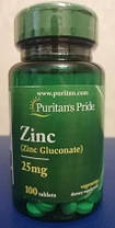 Цинк глюконат Puritan's Pride Zinc Gluconate 25 mg 100 таб, фото 6
