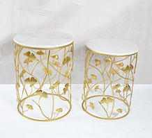 Набор кофейный стол из металла и мрамора декорированный листьями Гинкго золото Гранд Презент 60647