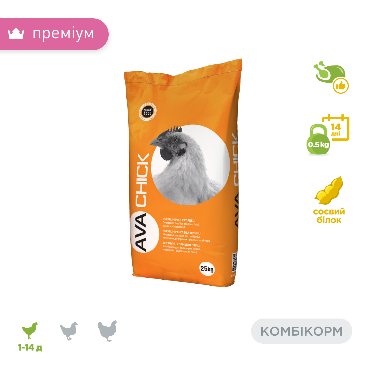 Стартовий комбікорм для курчат бройлерів корм для птиці вітамінний AVA Chick BHS Мішок 25 кг