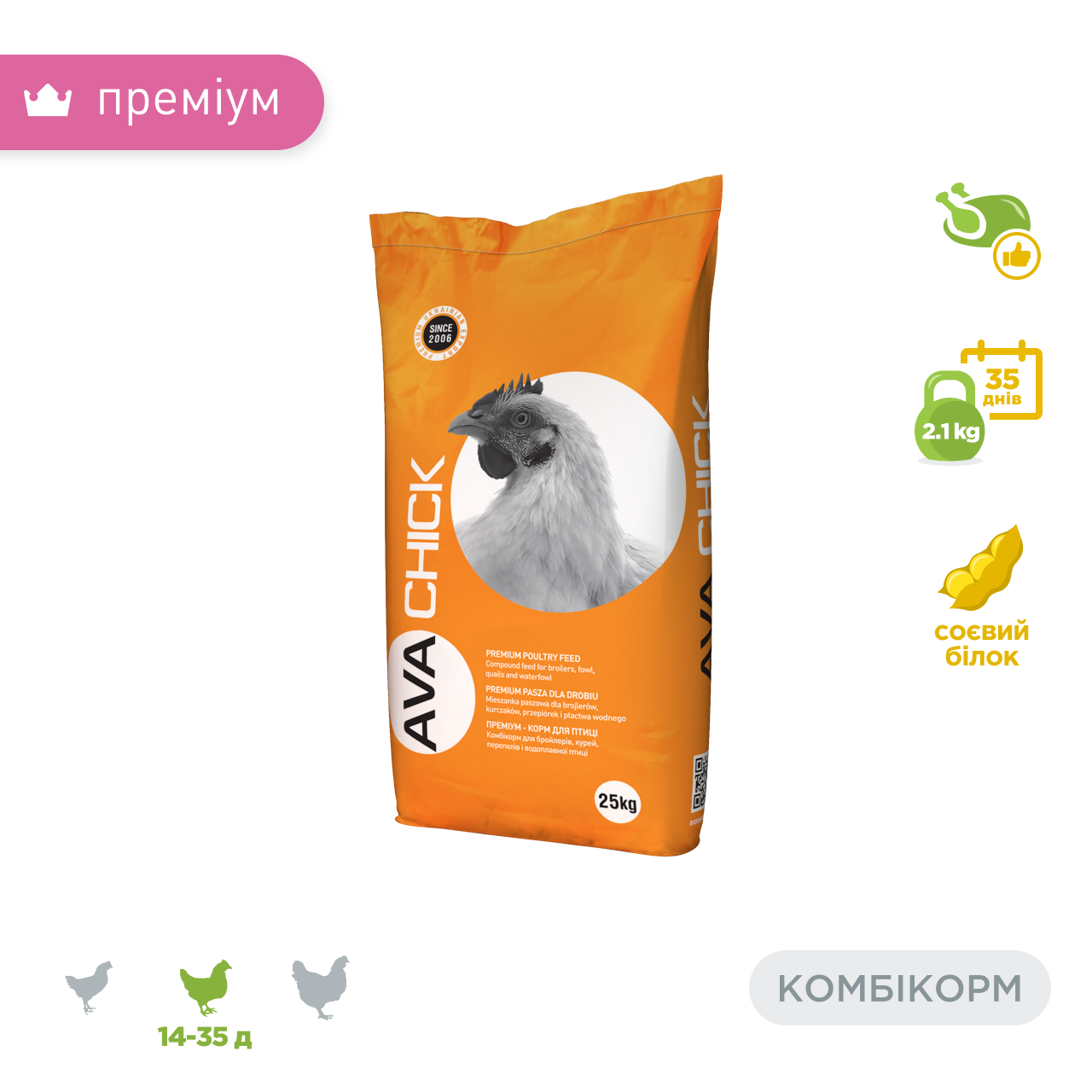 Комбікорм для бройлерів гровер AVA Chick BTG Мішок 25 кг повнораціонний корм для курчат бройлерів та індиків