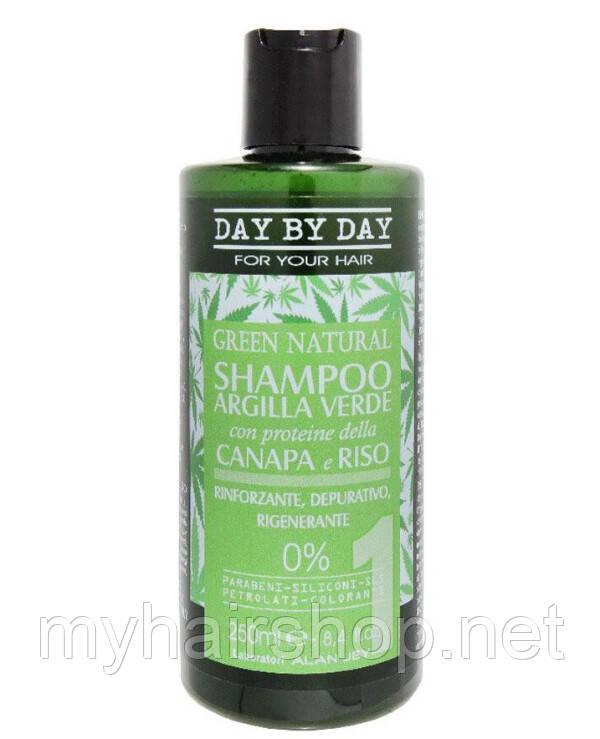 Шампунь із зеленим глиною протеїнами конопель та рису Alan Jey Shampoo Argilla Verde Con Proteine Della Canapa E