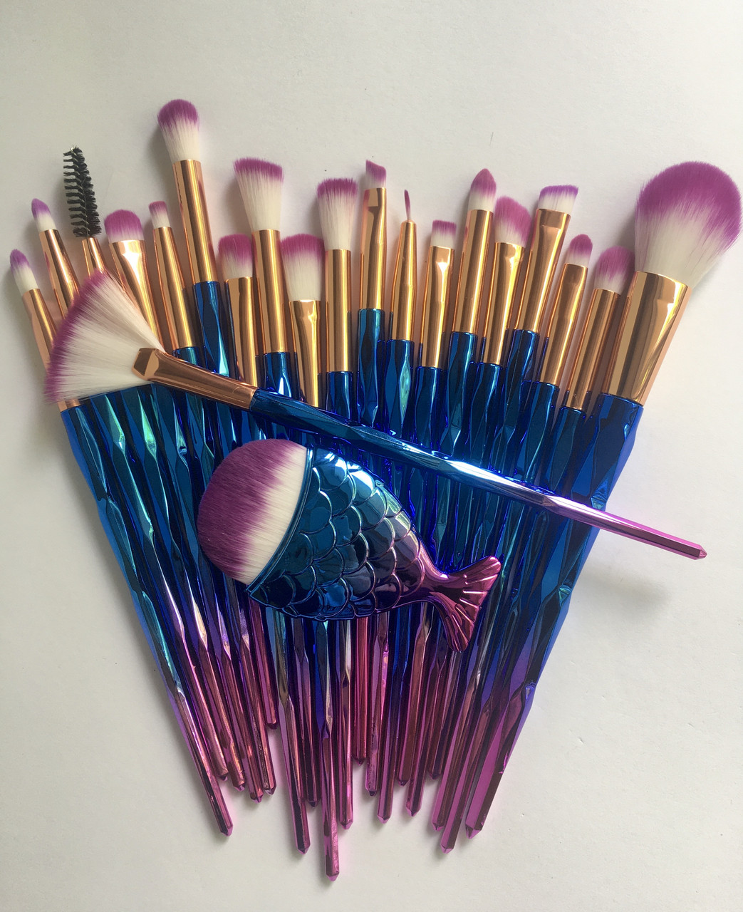 Великий набір кісточок для макіяжу, 21 шт. Фіолетово-голубі кисті для макіяжу в стилі Diamond., фото 1