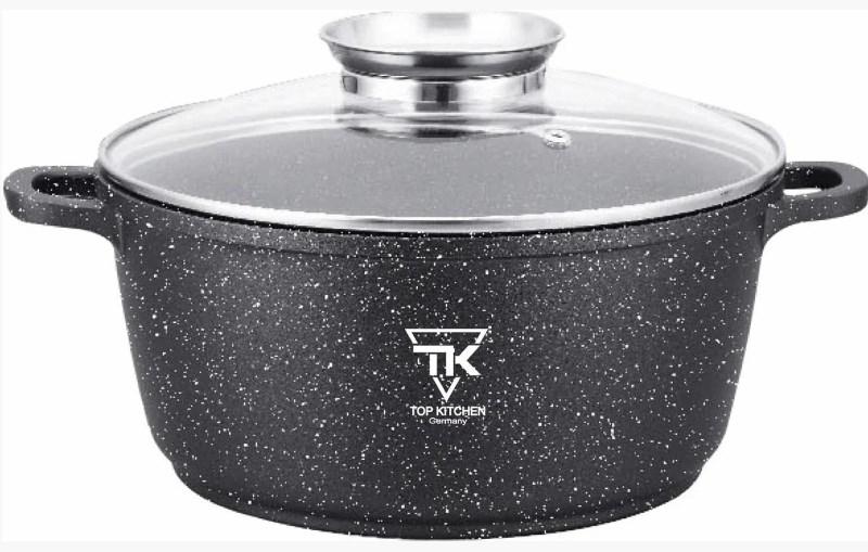 Каструля Top Kitchen TК00053 28 см 6,6 л з кришкою з чорним у білу точку мармуровим покриттям, фото 1