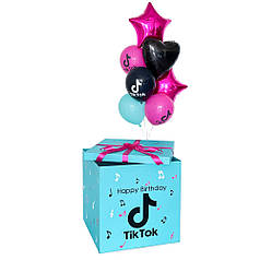 Коробка мятная с черной надписью "Happy Birthday", лого Tik Tok и декор ноты по всей коробке, внутрь связка: 2
