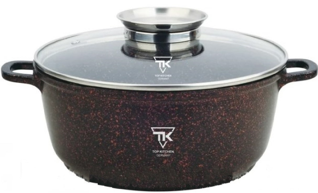 Каструля Top Kitchen TК00053 28 см 6,6 л з кришкою з чорним у КРАСНУ точку мармуровим покриттям