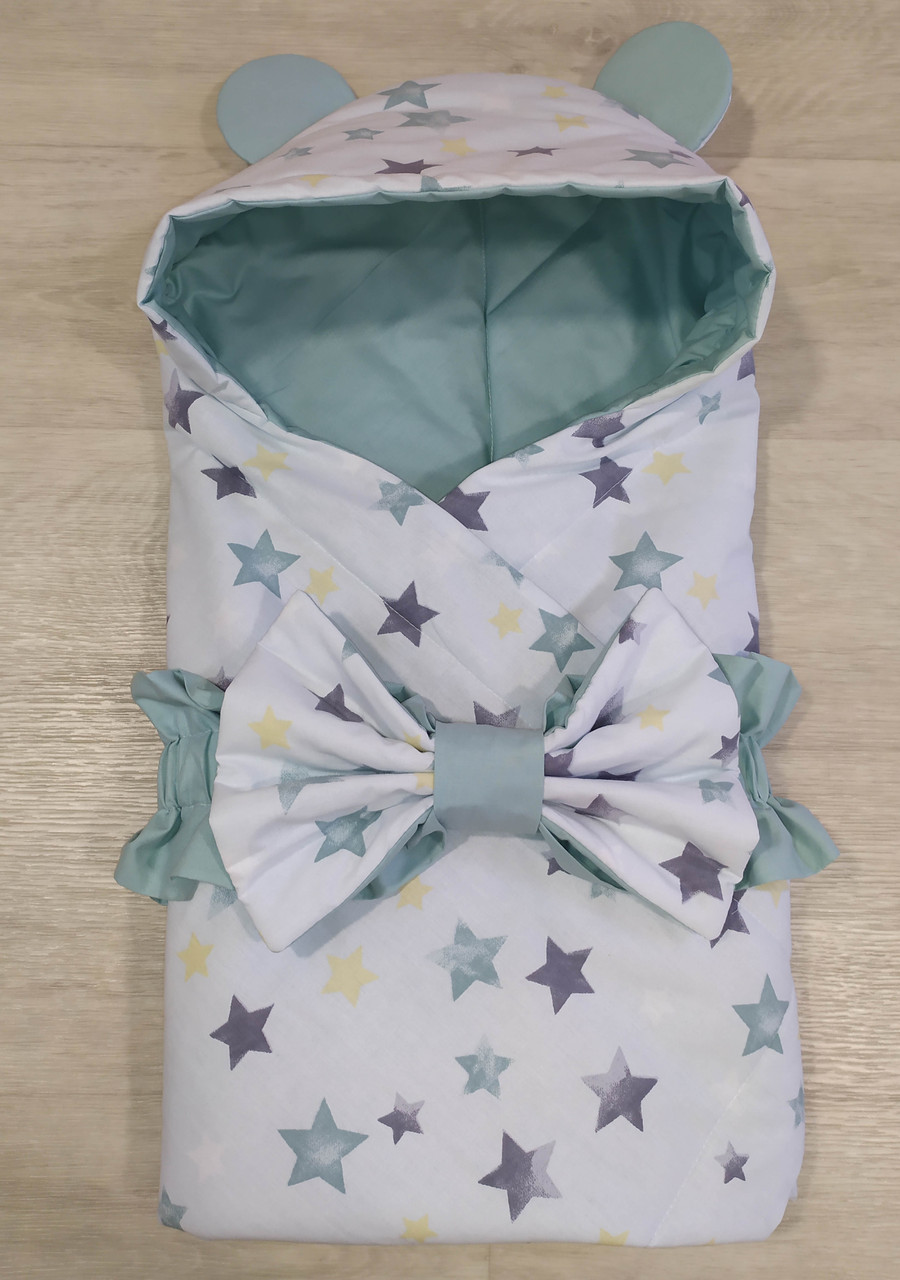 Літня ковдра-конверт на виписку зі зірочками м'ятного кольору з бантом для хлопчиків і дівчаток