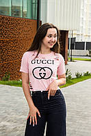 Женская футболка топ розовая рваная короткая гучи хб|Топ для девушек турецкий с надписью Гучи на груди