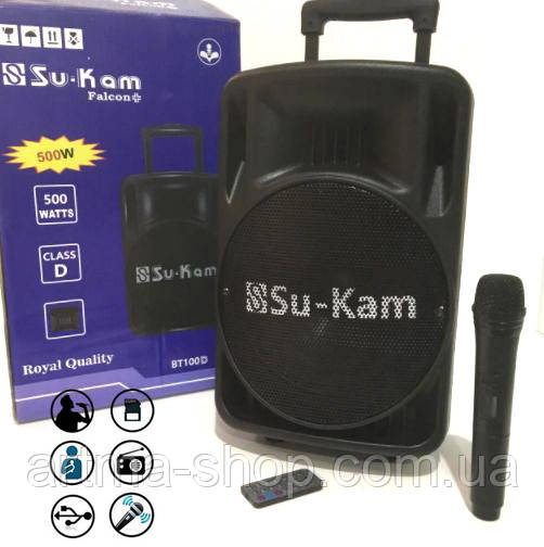 Портативна акустична система 100 Ватт, 10 дюймів, 1 безпровідний мікрофон, Караоке, Мікшер, USB Чорна, фото 1