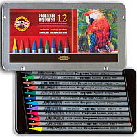 Набір кольорових акварельних бездеревних олівців "Progresso" (8782), 12 кол., мет. пенал, Koh-i-Noor