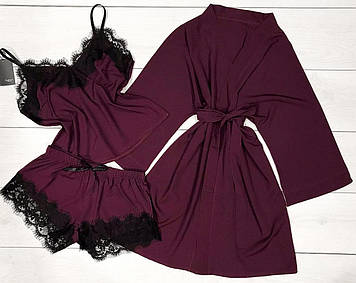 Комплект домашнього одягу кольору фіолетовий: Халат + майка + шорти
