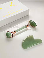Массажный набор "Роллер и скребок гуаша" из зеленого нефрита