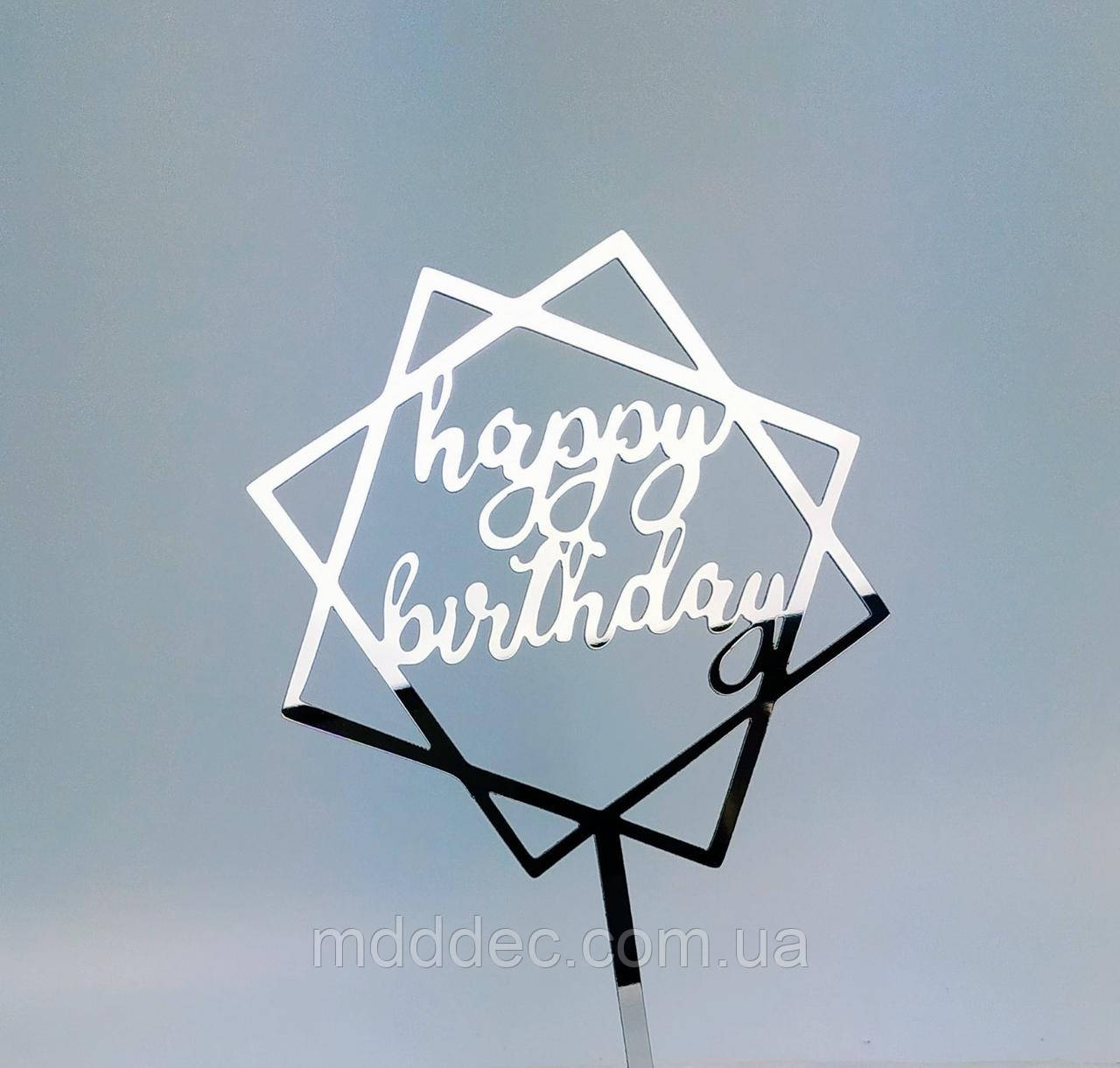 Топер дзеркальний срібло happy birthday