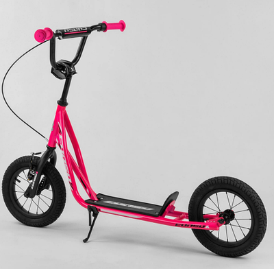 Самокат для дівчаток Ручне гальмо Підніжка Великі надувні колеса 12" Яскравий Рожевий Corso JT 47117