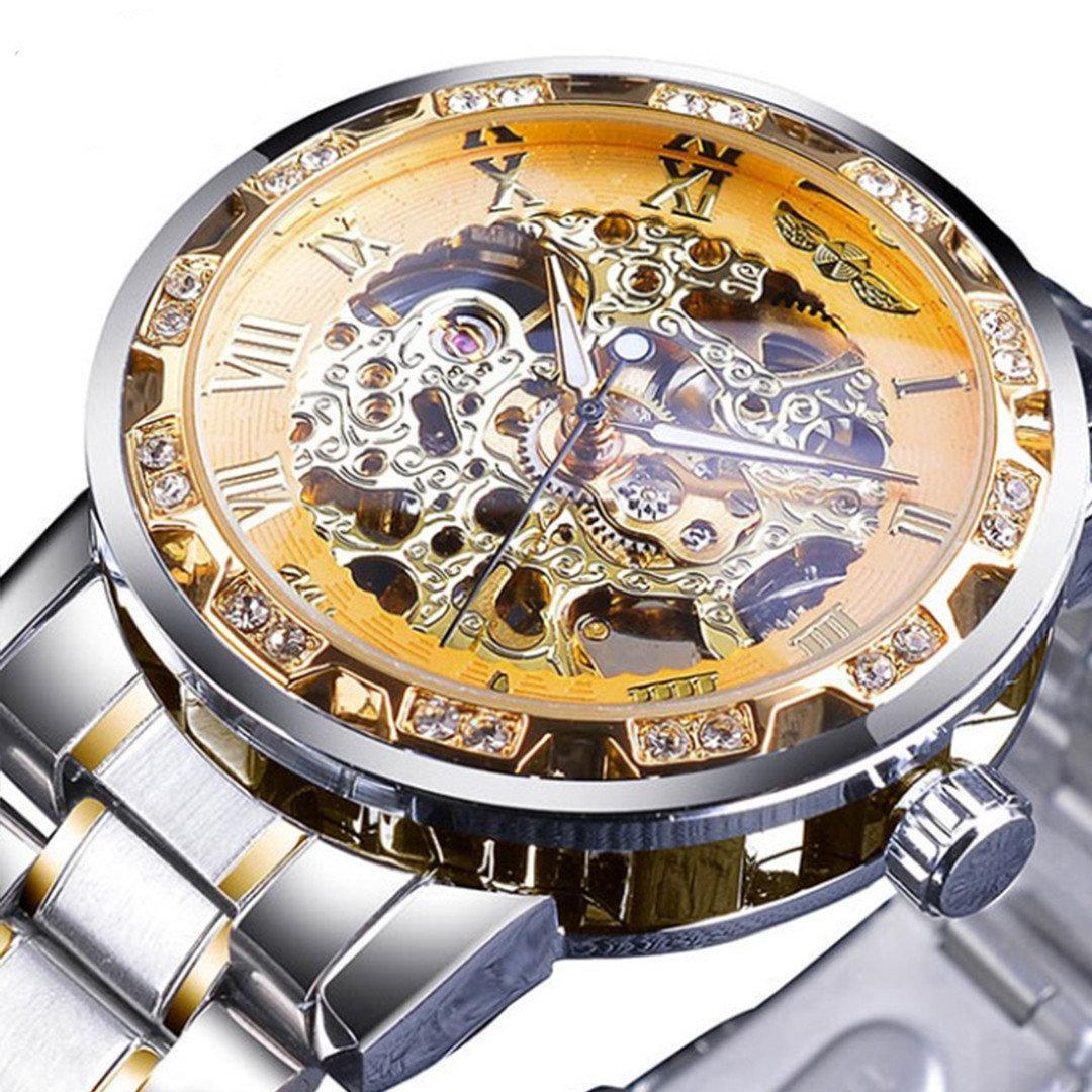 Механічні чоловічі годинник Winner Metal комбінований ремінець золотистий циферблат