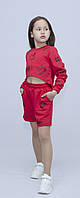 Червоний літній трикотажний костюм-трійка із шортами "Принт" для дівчинки 6-12 років р.122-152