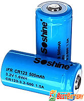 Акумулятор 16340/CR123 Soshine 500 mAh 3,2 В, 1,5A, LiFePO4 (IFR) Без захисту, з витичним плюсом.