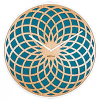 Часы настенные круглые с деревянным циферблатом в виде солнца "Sun Small Turquoise" Ø35 см