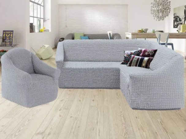 Натяжні чохли на кутові дивани крісло покривало жатка, турецький чохол на кутовий диван стильні Сірий, фото 1