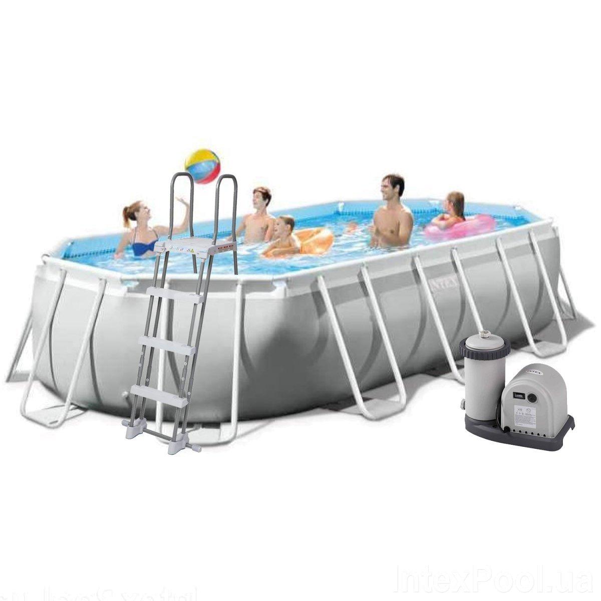Басейн каркасний овальний (503-274-122 см, 13365 л, сходи, фільтр) Intex 26796 NP Сірий, фото 1