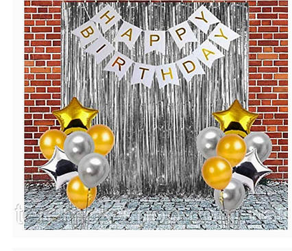 Фотозона для Дня Народження Срібна, готовий набір срібло для фотозони зі шторкою та фольгованими зірками