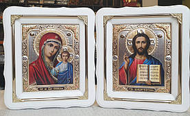 Ікона Пара вінчальна Спаситель, П.Б.Казанська у білому кіоті під склом, кіот 21*24,лік15×18.