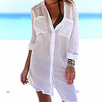 Белая пляжная туника рубашка свободного кроя с карманами на груди женская (р. S-L) 77kl884