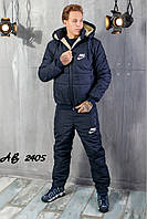 Теплый зимний спортивный костюм мужской куртка на овчине брюки на синтепоне Nike темно-синий