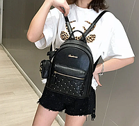 Женский кожаный стильный черный рюкзак кожаный ранец женская сумка + ключница