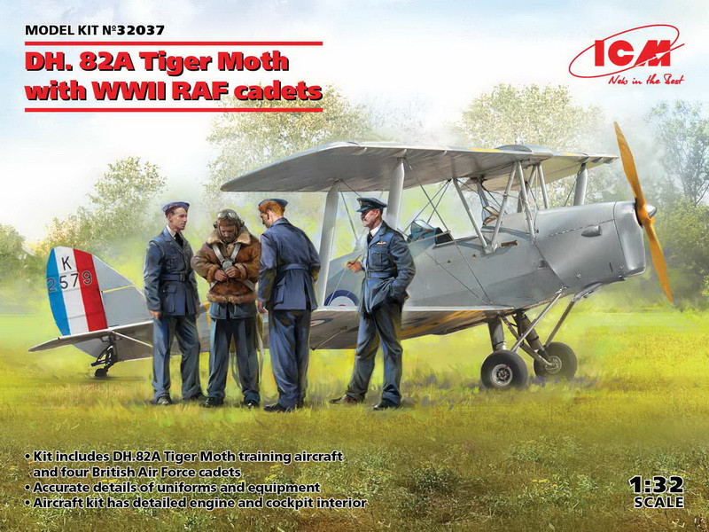 Пластикова модель 1/32 ICM 32037 британський навчально тренувальний літак DH. 82А Tiger Moth з кадетами RAF