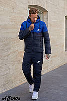 Стильный зимний мужской спортивный костюм куртка на молнии с карманами и штаны Найк синий+электрик
