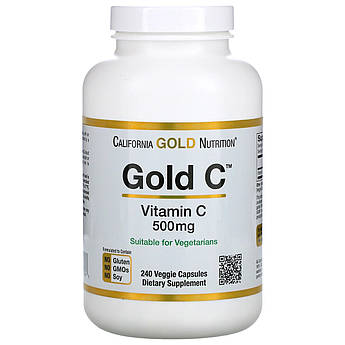 Вітамін C 500 мг California Gold Nutrition Vitamin Gold C аскорбінова кислота 240 вегетаріанських капсул