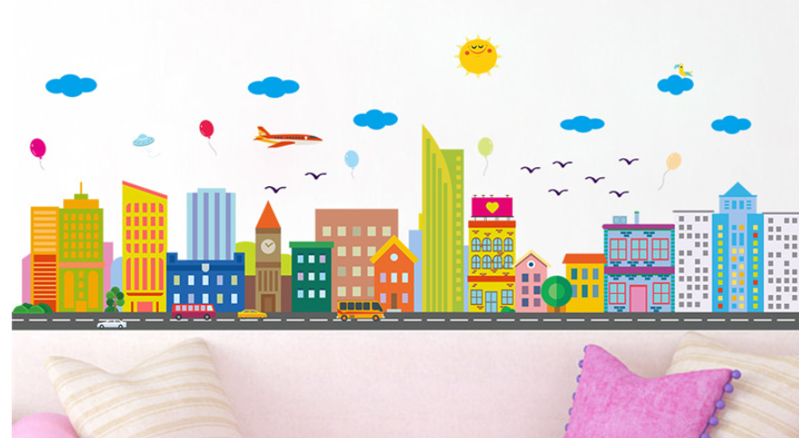 Наклейка в дитячу на стіни, шафа, меблі "веселий кольоровий місто" 45см*112см (лист 50*70см)