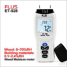 Вологомір деревини і будматеріалів Flus ET-928 (5-70%; 0,1-2,4%) зі змінними голками і термометром.