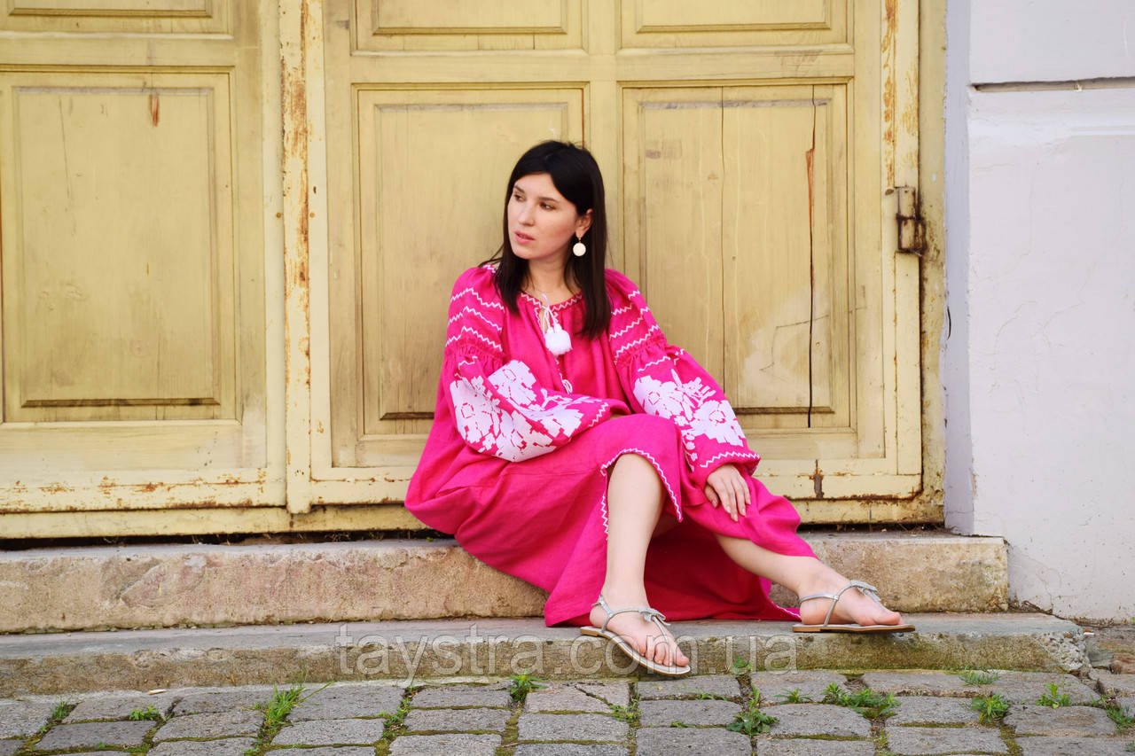 Плаття на запах з вишивкою,вишиванка льон, етно стиль вишите плаття вишиванка, плаття недбалого типу, фото 1