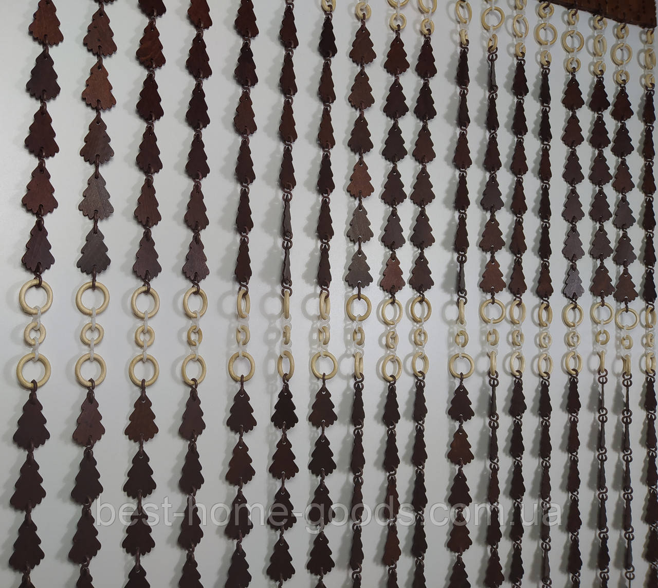 Дерев’яні штори «Ялинка» 1×2 м | коричнево-темні ялиночки та білі кільця | екологічна штора для дверного отвору, фото 1