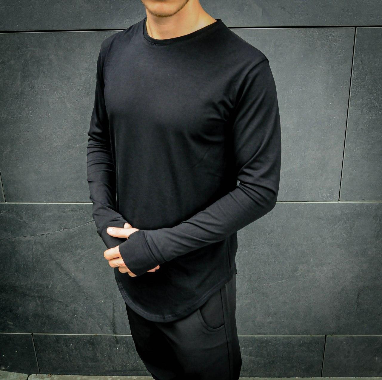 Лонгслив Мужской Черный Приталенный Футболка с Длинным Рукавом Разрезы ...