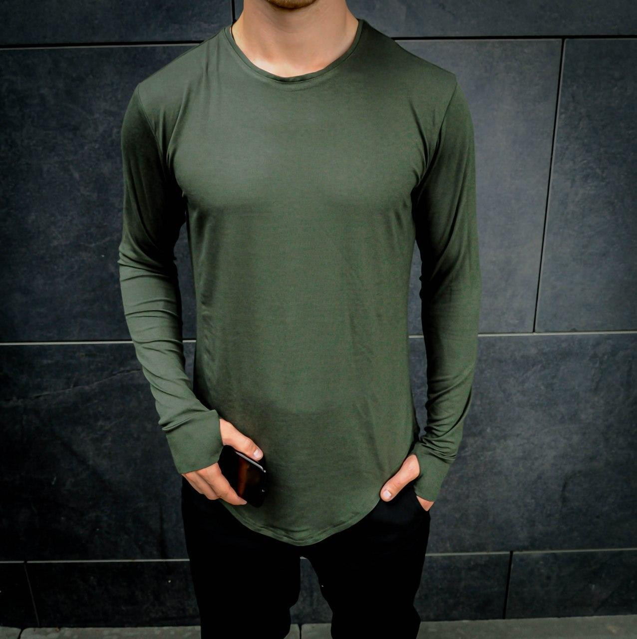 Лонгслив мужской хаки приталенный футболка с длинным рукавом разрезы для пальцев Размеры: S, M, L, XL - фото 1 - id-p1436367914