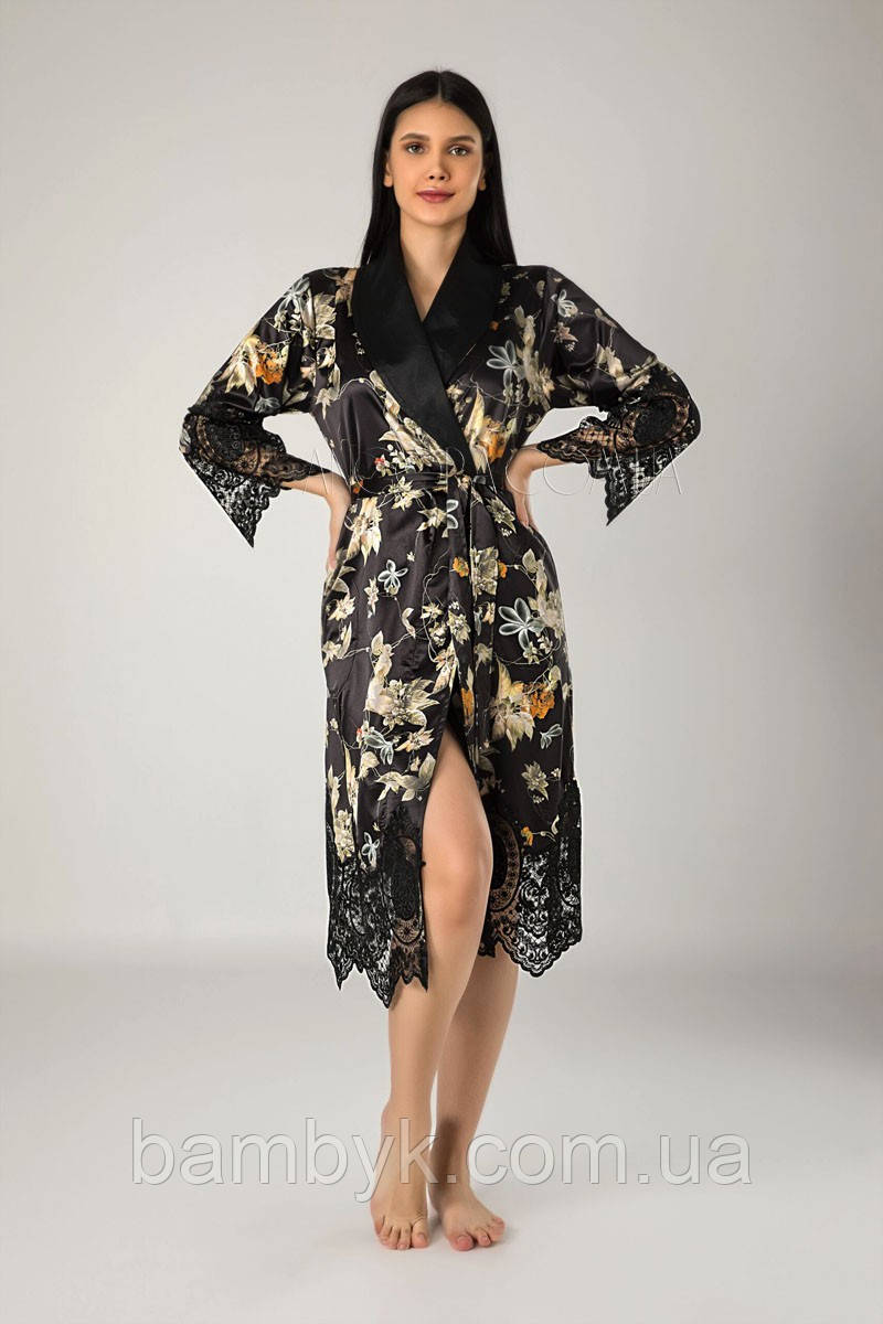 Елітний шовковий халат з мереживом Nusa NS-15075 чорний