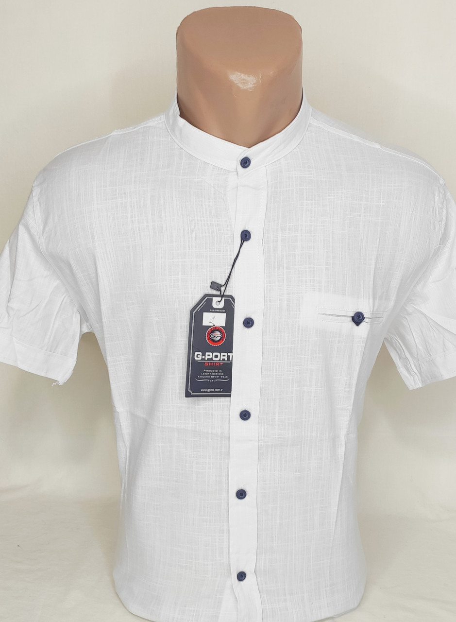 Чоловіча теніска біла однотонна приталені Туреччина G-Port vкs-0002 комір стійка льон, ошатна