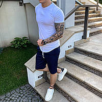 Стильный летний комплект мужской белая футболка Лонг + синие брючные шорты Размеры : S, M, L, XL